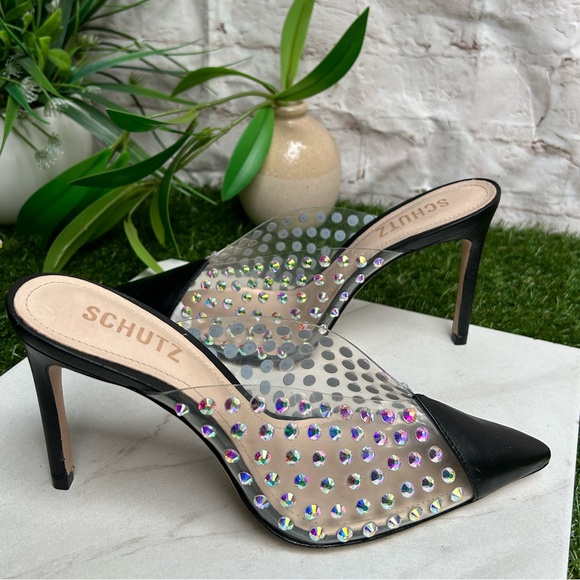 Schutz Greece Crystal Clear
Leather Mule Pumps Black/Transparente size 6.5 new - Picture 3 of 15